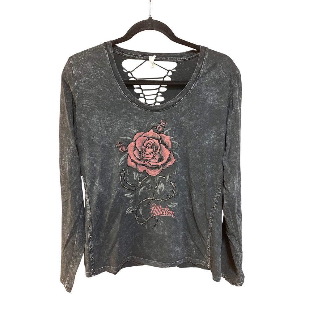Affliction Womens XL Long Sleeve Rose Rhinestone Mineral Wash Braided Back Top